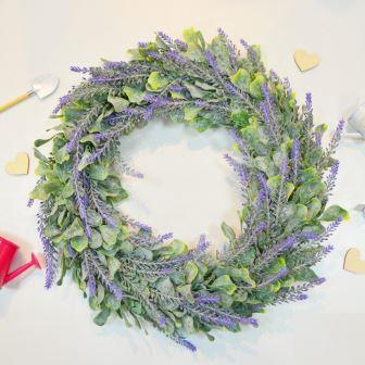 Венок из искусственной зелени "Фиолетовые цветы" d 35 см фото, картинки