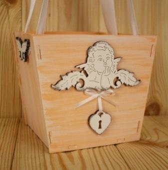 ПУ411-02-1403 Подарочная коробка-сумка с ангелом (16,5*12*14) МДФ, оформл, персик-белый фото, картинки