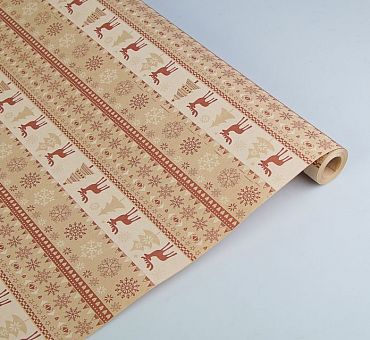 Бумага упаковочная крафт "Скандинавские олени", бело-коричневая, 0.6 х 10 м   2823194 фото, картинки