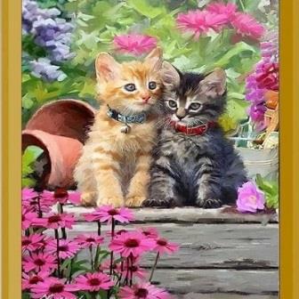 Алмазная мозаика "Два котенка в цветочном саду" JA 21323 фото, картинки