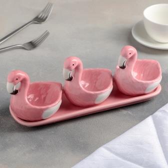 Набор соусников «Фламинго», 3 шт, на керамической подставке фото, картинки