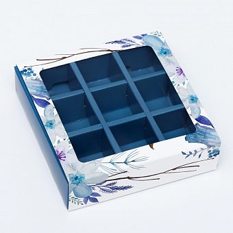 Коробка под 9 конфет с обечайкой " Голубые цветы " с окном 14,5 х 14,5 х 3,5 см 6775923 фото, картинки