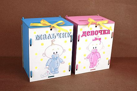 Б182-02-0507 Набор коробок для денег "На новорожденных" с малышами (13,5*11,5*17,2) МДФ 3мм, УФ печа фото, картинки