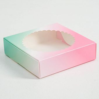 Подарочная коробка сборная с окном, розовая-зеленая, 11,5 х 11,5 х 3 см   4781248 фото, картинки