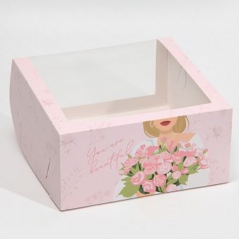 Коробка для торта с окном «Девушка с цветами» 23 х 23 х 11 см 7337071 фото, картинки
