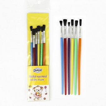 Набор кистей синтетика плоские 6 штук с пластиковыми цветными ручками 2691081    фото, картинки