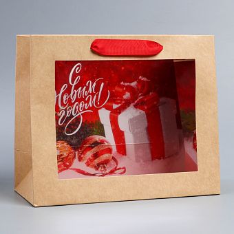 Пакет крафтовый с пластиковым окном «Новогодний подарок», 24 х 20 х 11см     7724297 фото, картинки