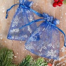 Мешочек новогодний "Снежинки" 10*12, цвет синий с серебром 2315978 фото